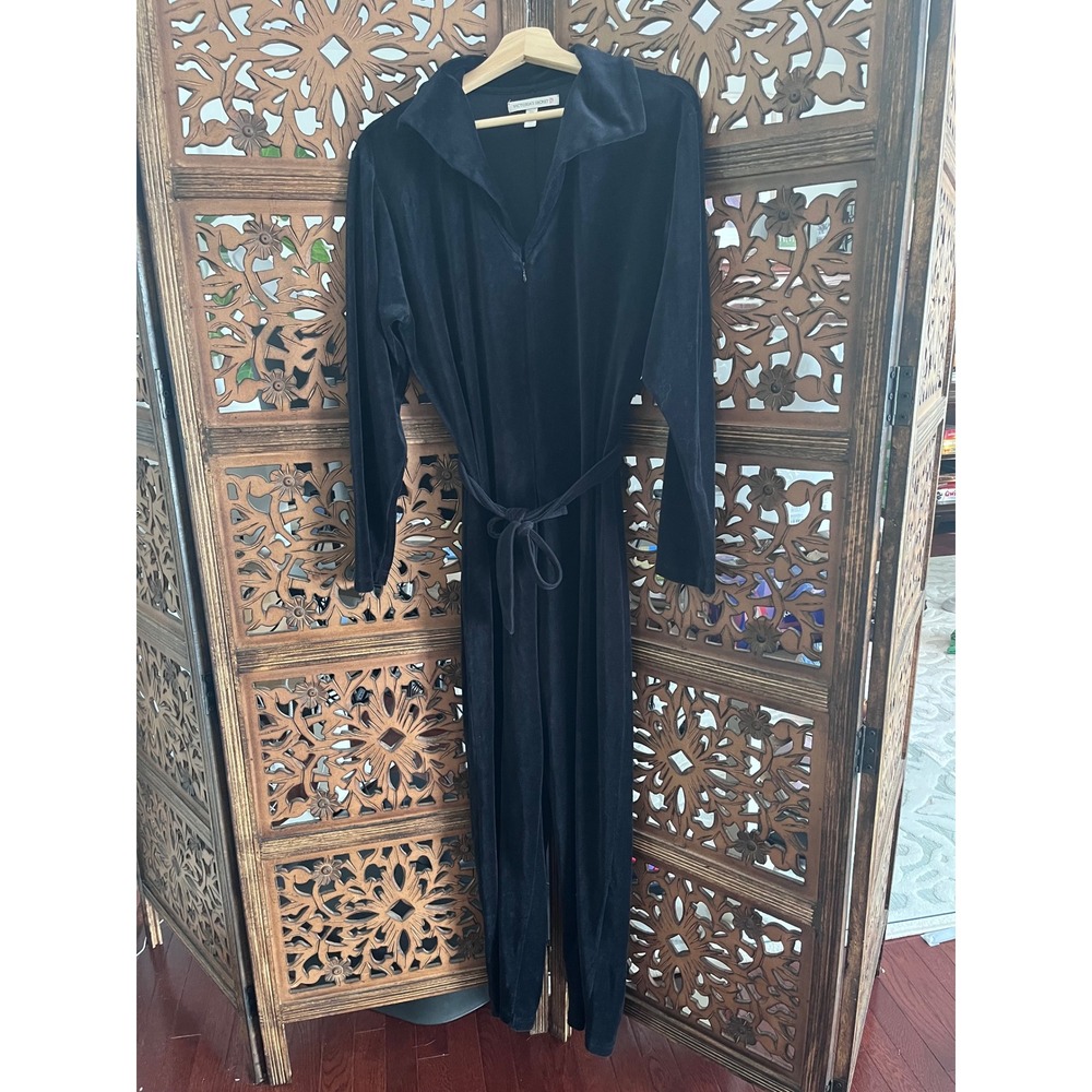Victorias Secret Black Velour Jumpsuit Long Sleeve Belted Zip Front Medium